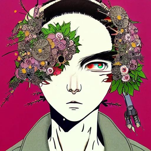 Prompt: prompt: Fragile portrait of singular persona covered with flowers and bullets illustrated by Katsuhiro Otomo, inspired by Ghost in Shell and 1990 anime, smaller cable and cyborg parts as attributes, eyepatches, illustrative style, intricate ink and guache painting detail, manga and anime 1990