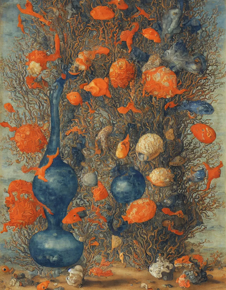 Prompt: bottle vase of coral under the sea decorated with a dense field of stylized scrolls that have opaque outlines enclosing mottled blue washes, with orange shells, purple fishes and siphonophores, Ambrosius Bosschaert the Elder, oil on canvas, hyperrealism, around the edges there are no objects