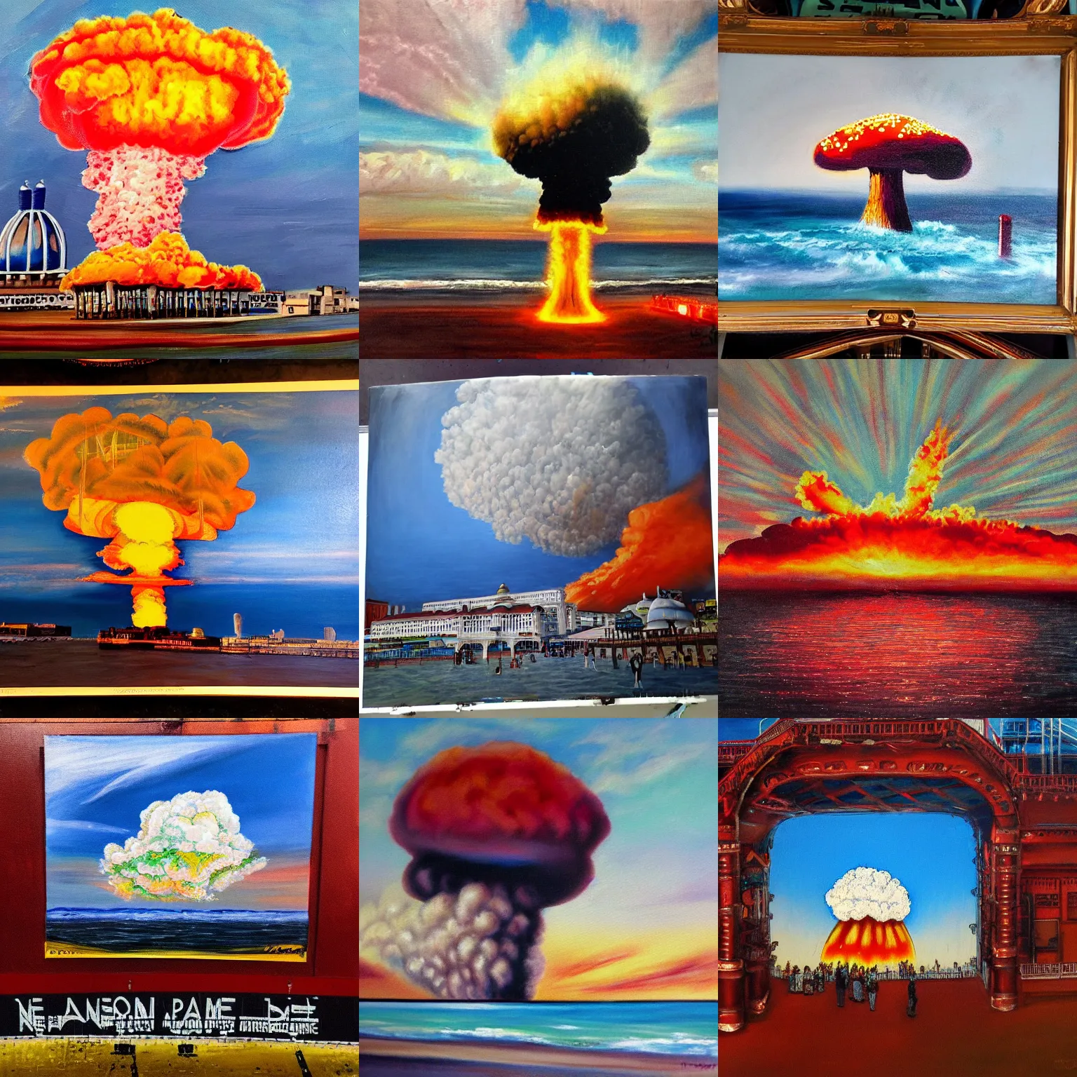 Prompt: Painting of a nuclear bomb explosion on Brighton Palace Pier. Huge mushroom cloud