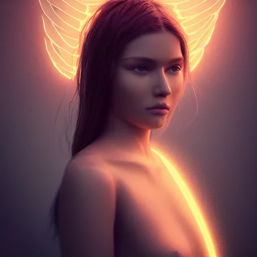 Image similar to portrait art of female angel by alessio albi 8 k ultra realistic, angel wings, lens flare, atmosphere, glow, detailed, intricate, full of colour, cinematic lighting, trending on artstation, 4 k, hyperrealistic, focused, extreme details, unreal engine 5, cinematic, masterpiece