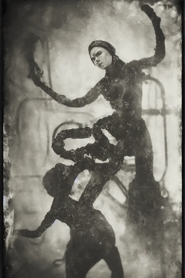 Prompt: wet plate, portrait, scarves dancer in a victorian era boiler room, coal dust