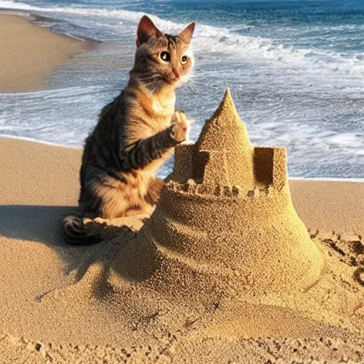 Prompt: a photo of cat making a sand castle on the beach
