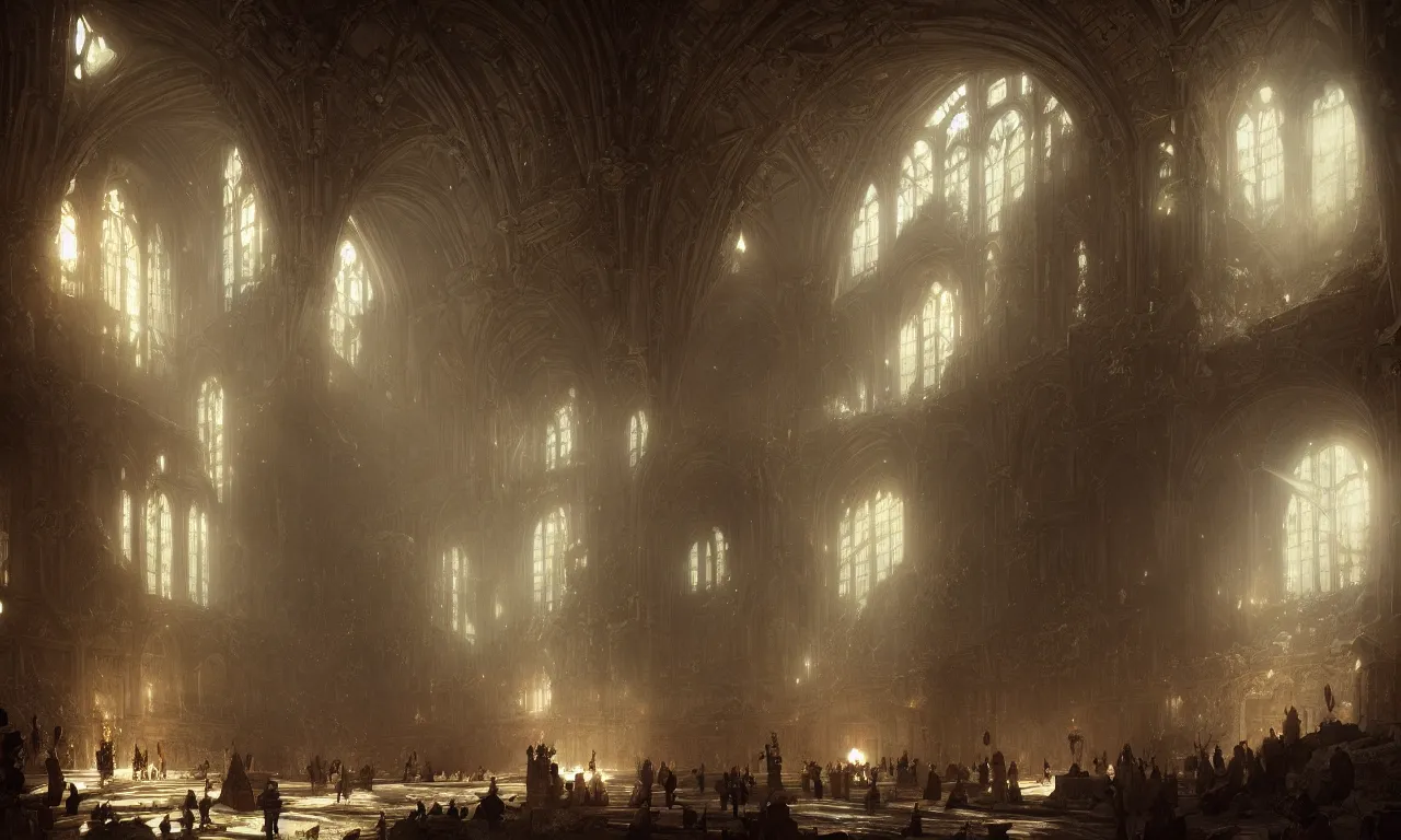 Prompt: great hall of the mountain king. andreas achenbach, artgerm, mikko lagerstedt, zack snyder, tokujin yoshioka