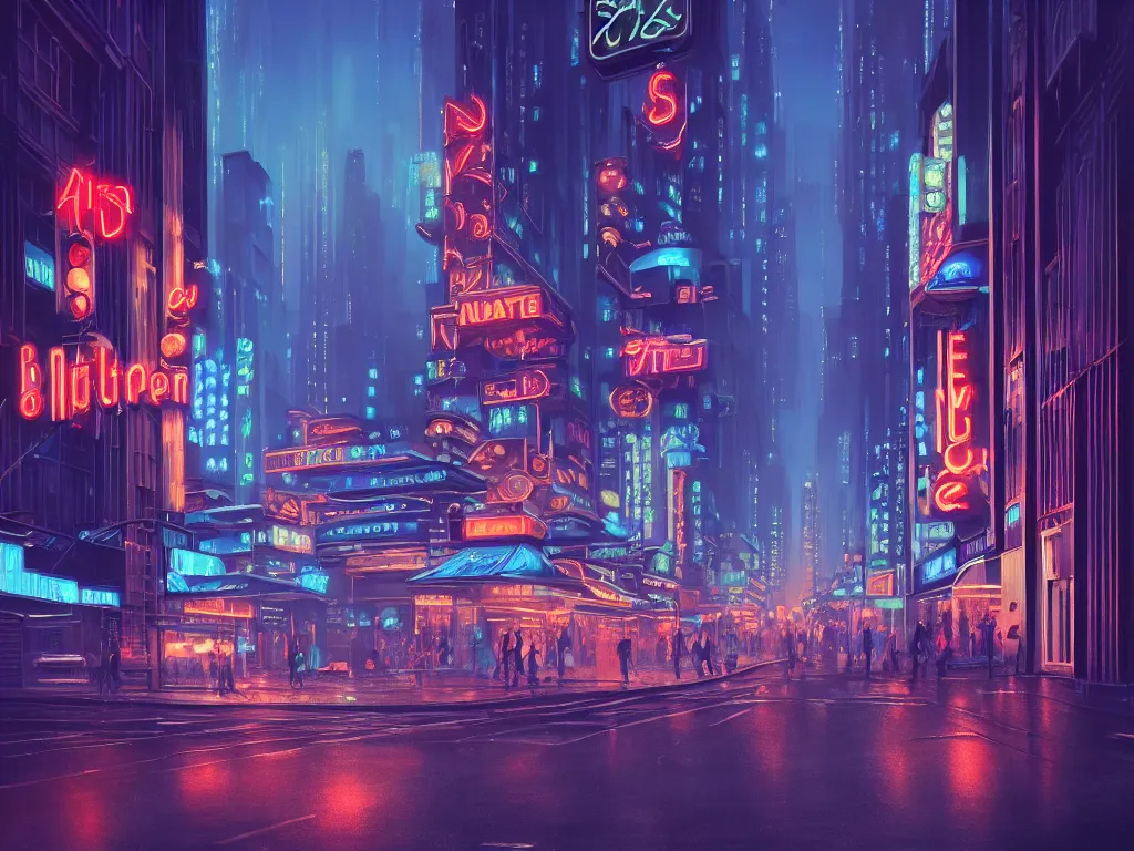 Prompt: hyperrealistic matte painting of a busy city street at night, art deco architecture, by hugh ferris, noriyoshi ohrai, john harris, neon signs, blue color scheme, gritty, fine detail, polished, sharp focus, digital art, octane, cgsociety, trending on artstation
