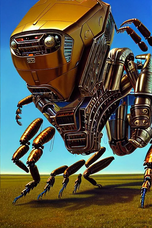 Prompt: a hyperrealistic painting of a giant metallic mechanical scorpion monster in a suburban neighborhood on a sunny day, by chris cunningham and richard corben, highly detailed, vivid color,