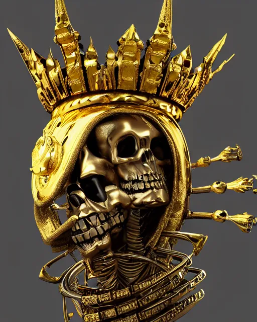 Image similar to a skeleton wearing a gold headdress and a gold crown, a 3D render by Friedrich Traffelet, zbrush central contest winner, vanitas, apocalypse art, ornate, darksynth