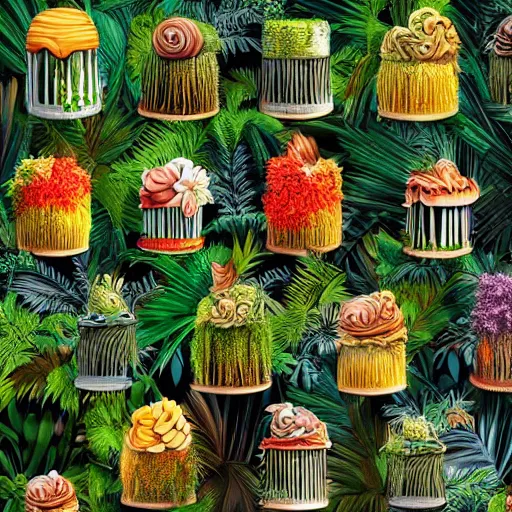 Image similar to jungle cakes, ultra realistic, ultra detailed, lush, beautiful, digital art, photorealistic,