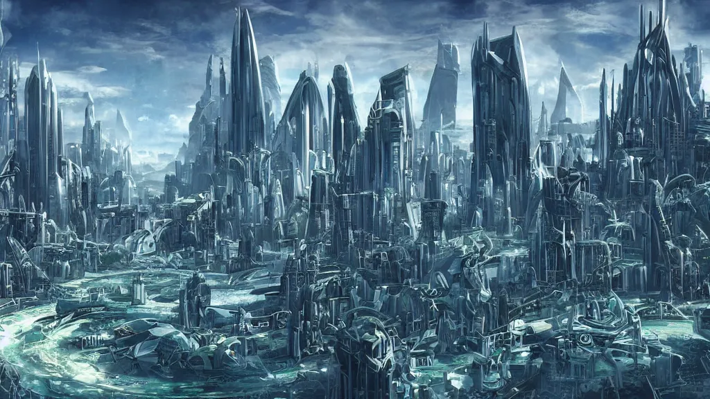 Image similar to a futuristic sci - fi city skyline's in the style of atlantis : the lost empire ( 2 0 0 1 )