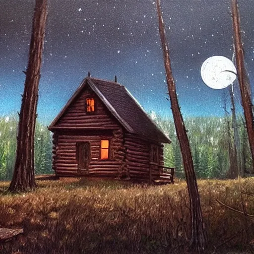 Image similar to peaceful forgotten cabin. masterpiece oil painting, dark, scary. endless tall trees in the background. the moon shines.