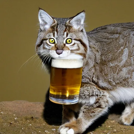 Prompt: a pallas's cat with a round body, enjoying its beer, high-quality photo, color
