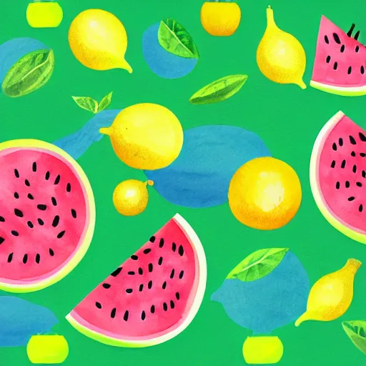 Image similar to retro, hd illustration of watermelons, crocs, big yellow lemons, mint leaves, ice cubes, inspired by watercolor masterpieces, matisse, malevich, david hockney, keith haring, colorful, happy, trending on artstation, 4 k