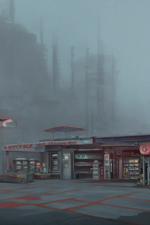 Prompt: a highly detailed matte painting of a single gas station with a sign in the fog by studio ghibli, makoto shinkai, by artgerm, by wlop, by greg rutkowski, volumetric lighting, octane render, 4 k resolution, trending on artstation, masterpiece