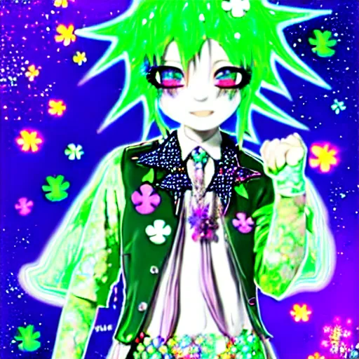 Image similar to a hologram of decora styled green haired yotsuba koiwai wearing a gothic spiked jacket, background full of lucky clovers and shinning stars, holography, irridescent, baroque visual kei decora art