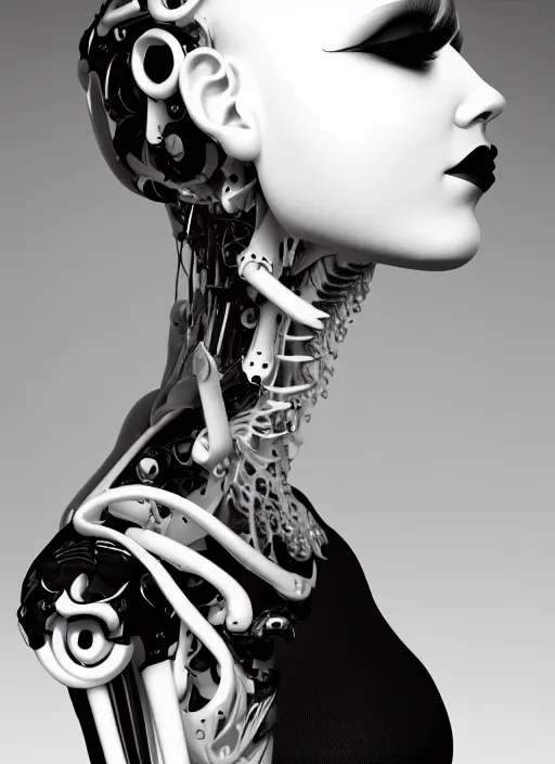 Image similar to black and white dreamy profile face portrait, biomechanical beautiful angelic young female cyborg - robot - doll bust, body ribs meshes, volumetric light, hibiscus flowers, rim light, big gothic fashion pearl embroidered collar, 1 9 3 0, 8 k