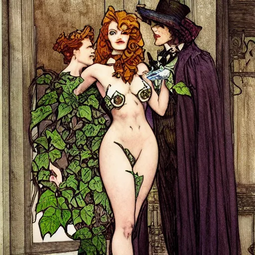 Image similar to a beautiful painting of poison ivy as a lawyer dressed in a three piece suit arguing a case in a court, dark eyeliner, intricate, elegant, highly detailed, digital painting, artstation, concept art, matte, sharp focus, illustration, art by rebecca guay and by arthur rackham and by alphonse mucha and by john william waterhouse