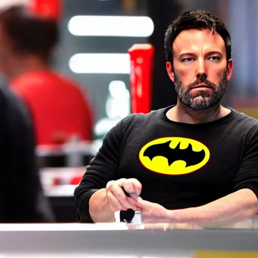 Image similar to A photo of Ben Affleck's Batman eating at KFC. Extremely detailed. 4K. Award-winning