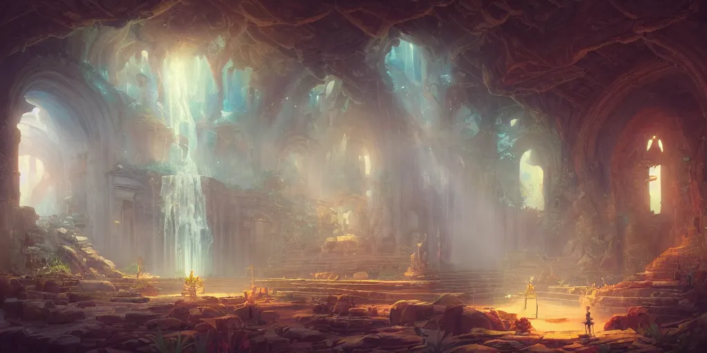 Prompt: Detailed Interior of Temple Ruins, Waterfall walls, light of god, bloom light shafts, incense, stunning atmosphere, in Style of Peter Mohrbacher, cinematic lighting