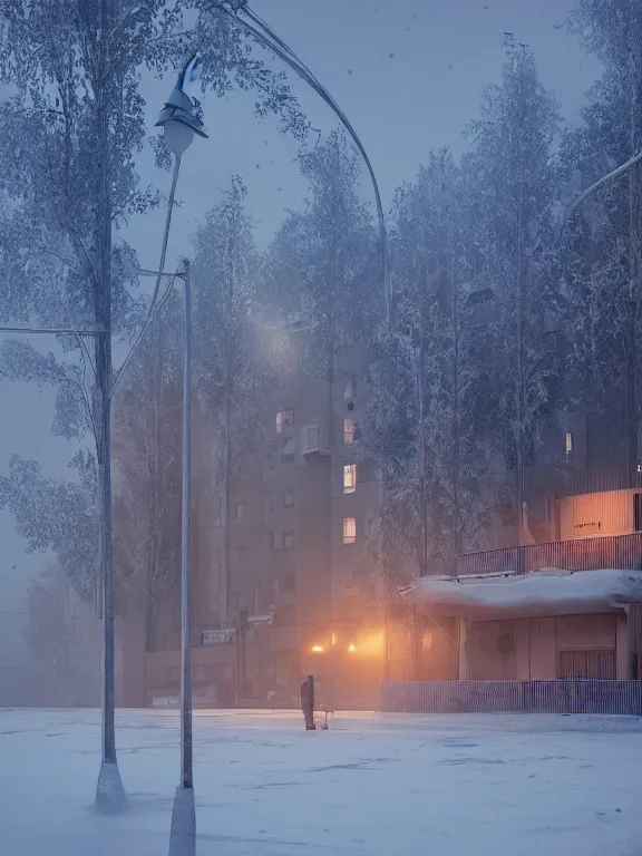 Image similar to award - winning photo of low soviet residential building, russian suburbs, lights are on in the windows, deep night,, cozy atmosphere, winter, heavy snow, light fog, streetlamps with orange light, volumetric light, several birches nearby, elderly people stand at the entrance to the building, mega detailed, unreal render