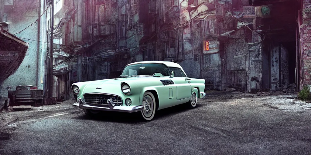 Image similar to a wholesome animation key shot of a focused old 1955 Ford Thunderbird car parked in an abandoned alleyway, medium shot, waist up, studio Ghibli, Pixar and Disney animation, sharp, very detailed, high resolution, Rendered in Unreal Engine 5, anime key art by Greg Rutkowski, Bloom, dramatic lighting