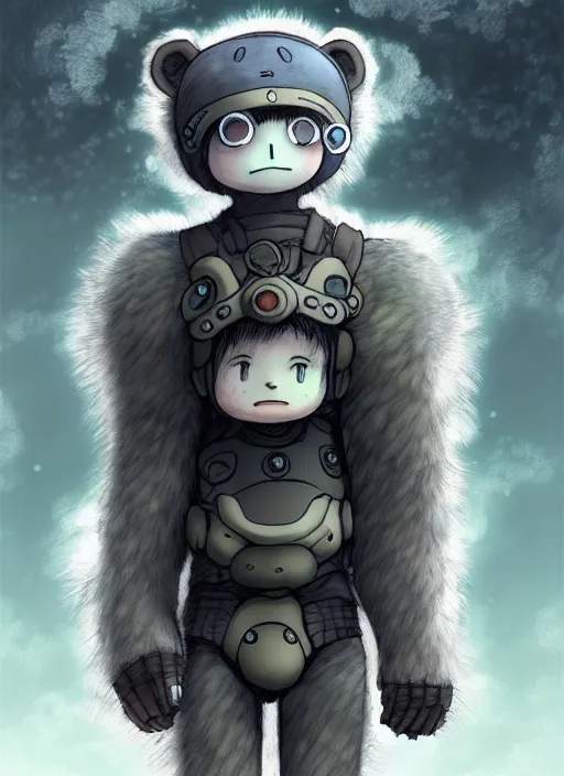 Image similar to beautiful little boy wearing an cyborg bear suit, artwork in kentaro miura and made in abyss and rosdraws, smooth, beautiful lightness, anatomically correct, trending on pixiv, forest