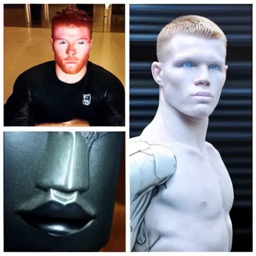 Prompt: “a realistic detailed photo of a guy who is an attractive humanoid who is half robot and half humanoid, who is a male android, boxer Canelo Álvarez, shiny skin, posing like a statue, blank stare”