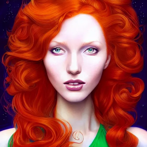 Prompt: Redhead Pleiadian alien human beautiful hybrid feminine woman, long gorgeous red hair in loose curls, with stunning green eyes, cute round face and a roundish nose, as a retro futuristic heroine, gorgeous digital painting, artstation, concept art, smooth, sharp focus, illustration, art by artgerm and donato giancola and Joseph Christian Leyendecker, Ross Tran, WLOP