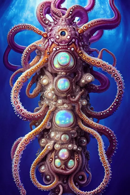 Prompt: A full shot of a cute monster wearing an ornate dress made of opals and tentacles on the ocean floor. Subsurface Scattering. Dynamic Pose. Translucent Skin. Caustics. Prismatic light. defined facial features, symmetrical facial features. Opalescent surface. Soft Lighting. beautiful lighting. By Giger and Ruan Jia and Artgerm and WLOP and William-Adolphe Bouguereau and Loish and Lisa Frank. Fantasy Illustration. Sailor Moon. Masterpiece. trending on artstation, featured on pixiv, award winning, cinematic composition, dramatic pose, sharp, details, Hyper-detailed, HD, HDR, 4K, 8K.