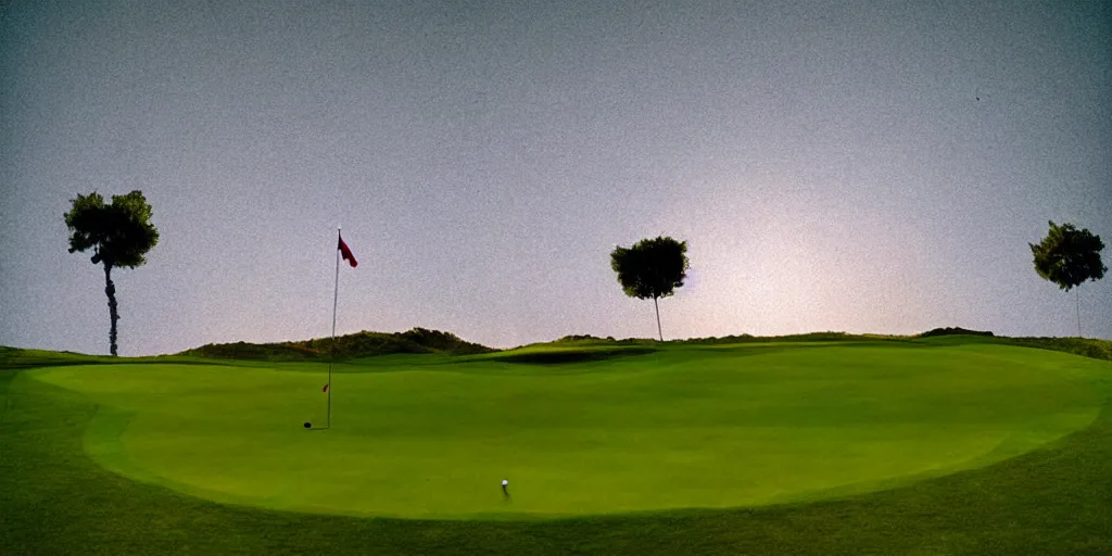 Prompt: jodorowsky film still, artistic double exposure of a beautiful psychedelic nocturnal hill and golf course, grainy film cinematic tiny regular hexagonal grain filter H 576