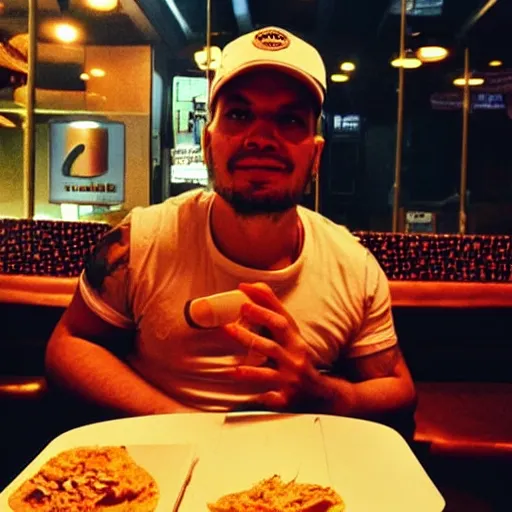 Prompt: A medium shot, cameraphone, indoors photography of Residente in a taco bell offering a cigarette, golden hour, facebook post 2012