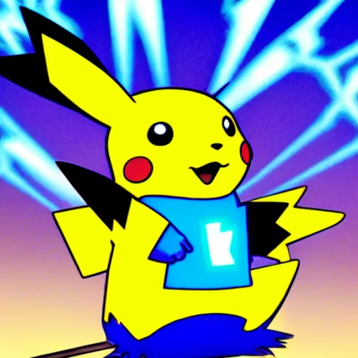 Prompt: a blue pikachu shooting bright electric lightning out of his ears in the style of pokemon anime def 8 k