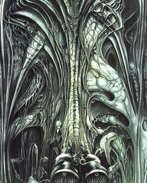 Image similar to artwork by hr giger, by roger dean, by yoshitaka amano