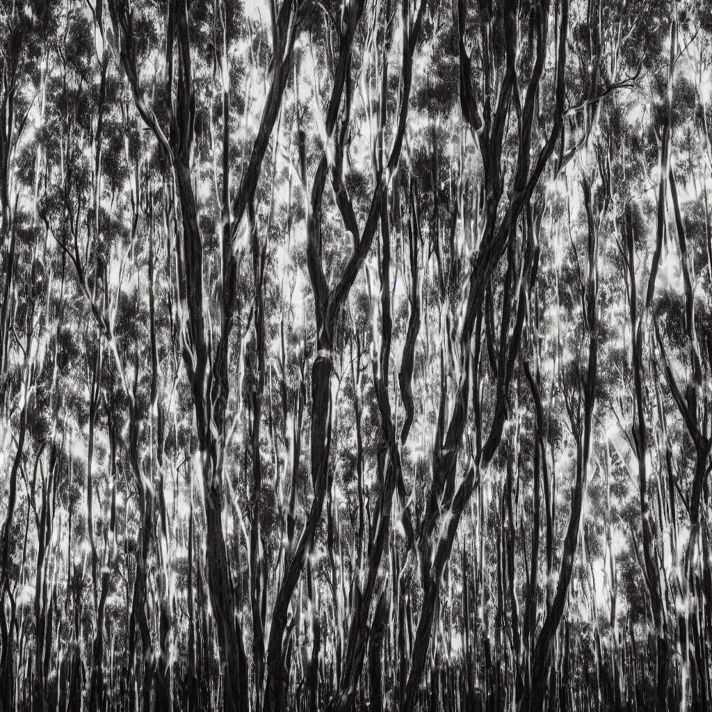 Prompt: long exposure photograph of eucalyptus trees moving by a strong wind, back light, sony ar 7 ii, photographed by trent parke