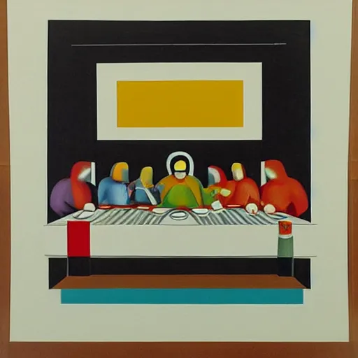 Prompt: Bauhaus artwork The last supper attended by Mr Blobby