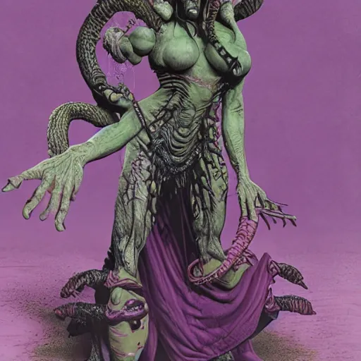 Image similar to laughing slaanesh, style of richard corben, 8 k, ultra detailed, photograph, airbrush, rule of thirds.