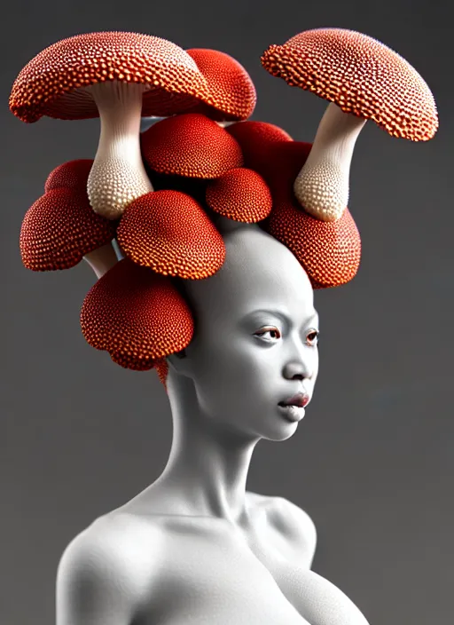 Image similar to intricate hyper detailed ultra sharp focus front shot 3 d render of a beautiful porcelain ivory afro woman, close - up, f 2. 8 1 5 0 mm, sharp focus, alexandre ferra, elegant bionic cyberpunk red mechanical haute couture fractal mushroom corals, white mycelum and fungi head ornaments, octane render, volumetric cinematic lighting, 8 k,