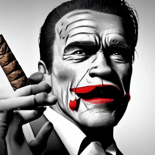 Prompt: Arnold Schwarzenegger as Joker smoking a cigar, photo quality, hyperrealistic