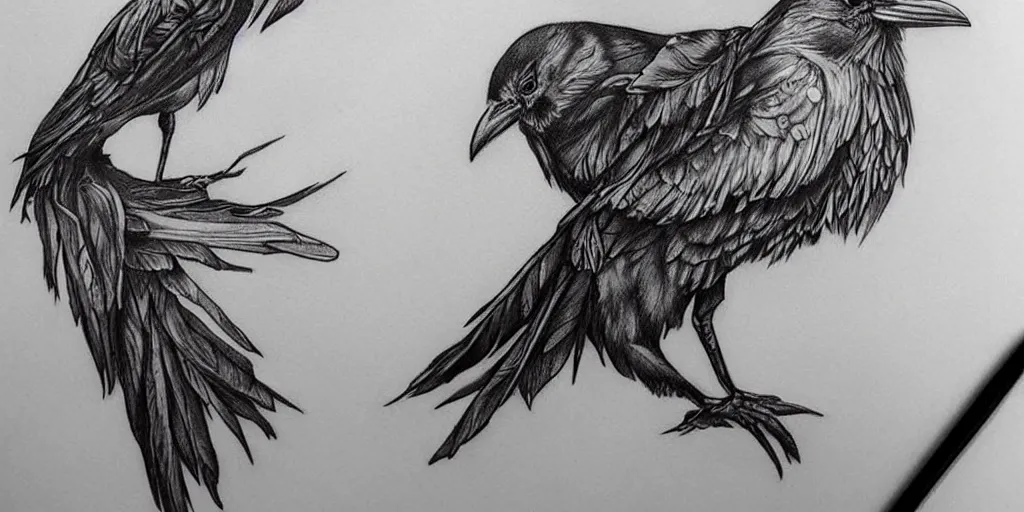 Image similar to realistic tattoo designs drawn on paper, raven, dark, golden, delicate, hyper realism, tim burton, ink, ultra realistic, 8 k