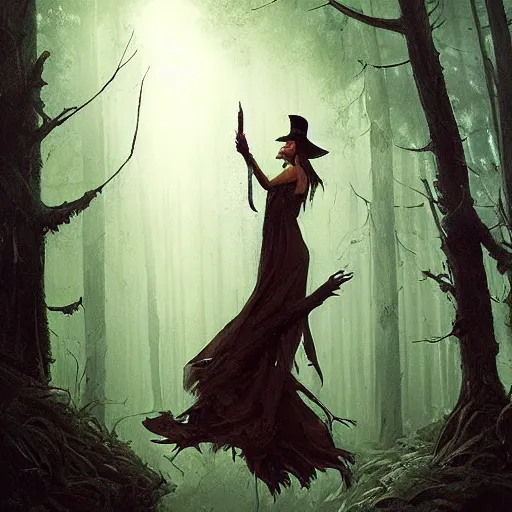 Prompt: witch performing a ritual in a dark forest painted by Greg Rutkowski, Raymond Swanland