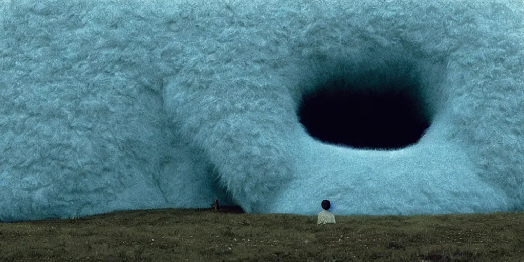 Image similar to a strange huge translucent pvc inflated organic architecture building with blue fluffy fur inside by anish kapoor sits in the rock mountains, film still from the movie directed by denis villeneuve with art direction by zdzisław beksinski, close up, telephoto lens, shallow depth of field