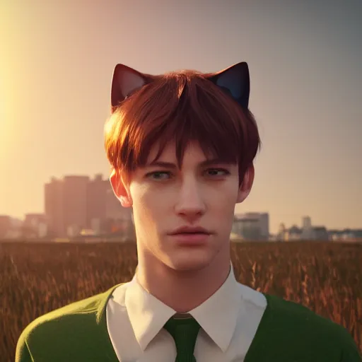 Image similar to pretty cat - boy posing in front of plains + beauty + warm light from behind + bright green eyes + auburn hair + cat ears + large well - defined eyelids + artstation + octane render + cinematic color grading + muted colors + soft light + rule of thirds + like a professional model + cinematic + 8 k + 3 d render + 3 5 mm