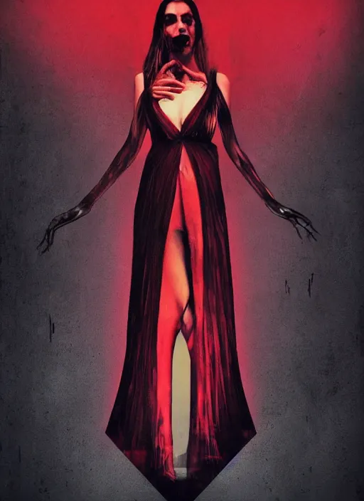 Image similar to dark design poster, realistic, portrait of a vampire woman in a long red dress, black background with very subtle red and purple design elements, powerful, nekro, vito acconci, thin straight lines, dark, glitch art, neo vaporwave, gritty, layout frame, square, extremly detailed, trending on artstation