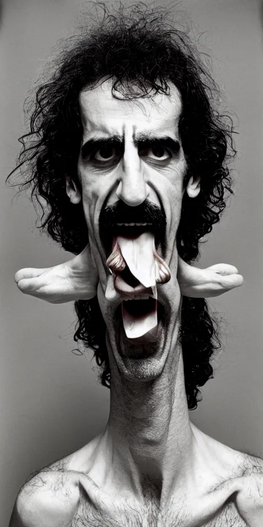 Image similar to award winning photo of frank zappa eating himself, vivid colors, happy, symmetrical face, beautiful eyes, studio lighting, wide shot art by Sally Mann & Arnold Newman