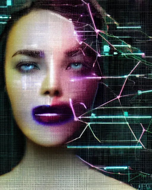 Image similar to A broken monitor with the calm, pretty face of an AI woman on it. Very very very strong glitches on the monitor. The face is blurry with glitches. Extremely high detail, glitchcore, glitches, glitch, cyberpunk, deep colors, 8k render