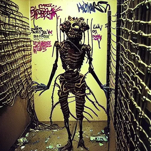 Prompt: “ugly filthy gross fleshy raw meat insectoid cybernetic mummy knight wrapped in barbed wire standing in a filthy dirty small server room covered with graffiti, garbage and networking cables. David Cronenberg. Body horror style. 35mm.”