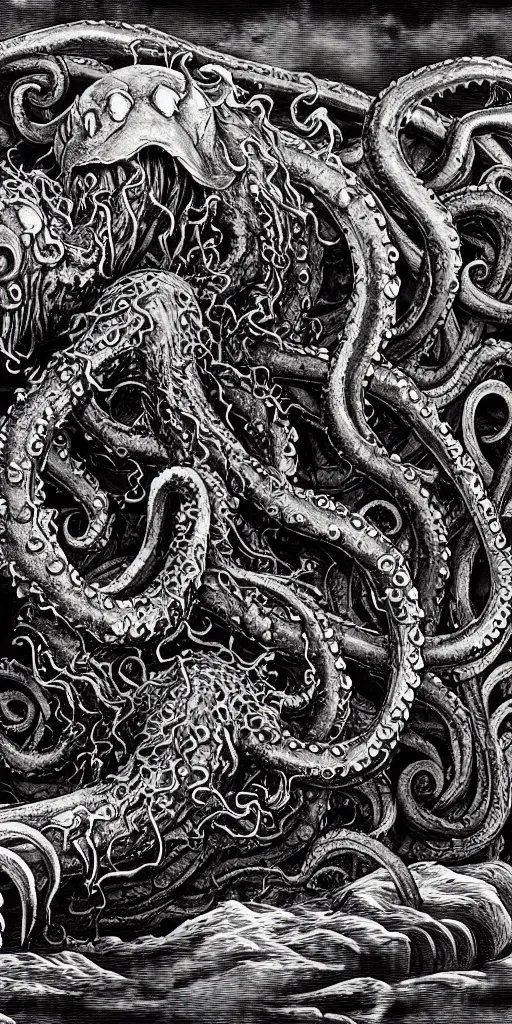 Image similar to extra wide view. Kraken. marvellous magic. Ominous. Gothic medieval baroque. Dry ground cracks. Hyper-detailed. Hyperreal. Photoreal