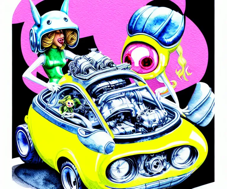 Image similar to cute and funny, lady gaga wearing a helmet riding in a tiny hot rod with an oversized engine, ratfink style by ed roth, centered award winning watercolor pen illustration, isometric illustration by chihiro iwasaki, edited by range murata, tiny details by artgerm and watercolor girl, symmetrically isometrically centered, sharply focused