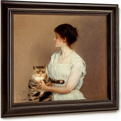 Image similar to young woman petting her cat by alfred stevens