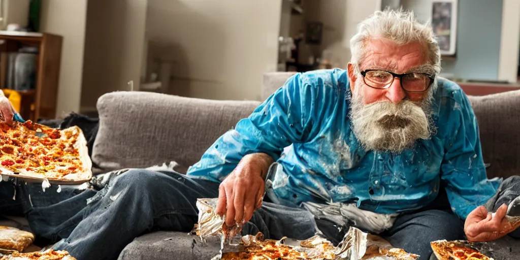 Prompt: old man with a beard and messy hair, sitting on the couch, watching tv . around crashed pop cans and empty pizza boxes. messy apartment.