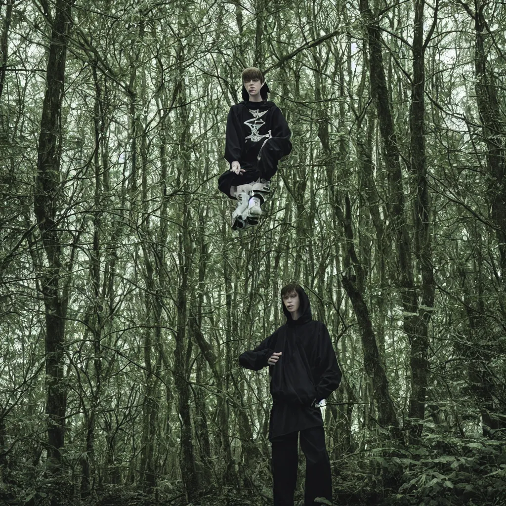 Image similar to cinematic still of bladee in dark forest, XF IQ4, f/1.4, ISO 200, 1/160s, 8K, RAW, dramatic lighting, symmetrical balance, in-frame