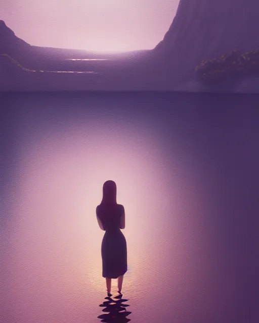 Image similar to a painting of a woman standing in the water. the woman is standing in front of a statue, a screenshot by stanley twardowicz, cgsociety, aestheticism, aesthetic, vaporwave, anime aesthetic, volumetric lighting